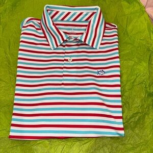 Southern Tide Red and Teal Striped Polo Shirt